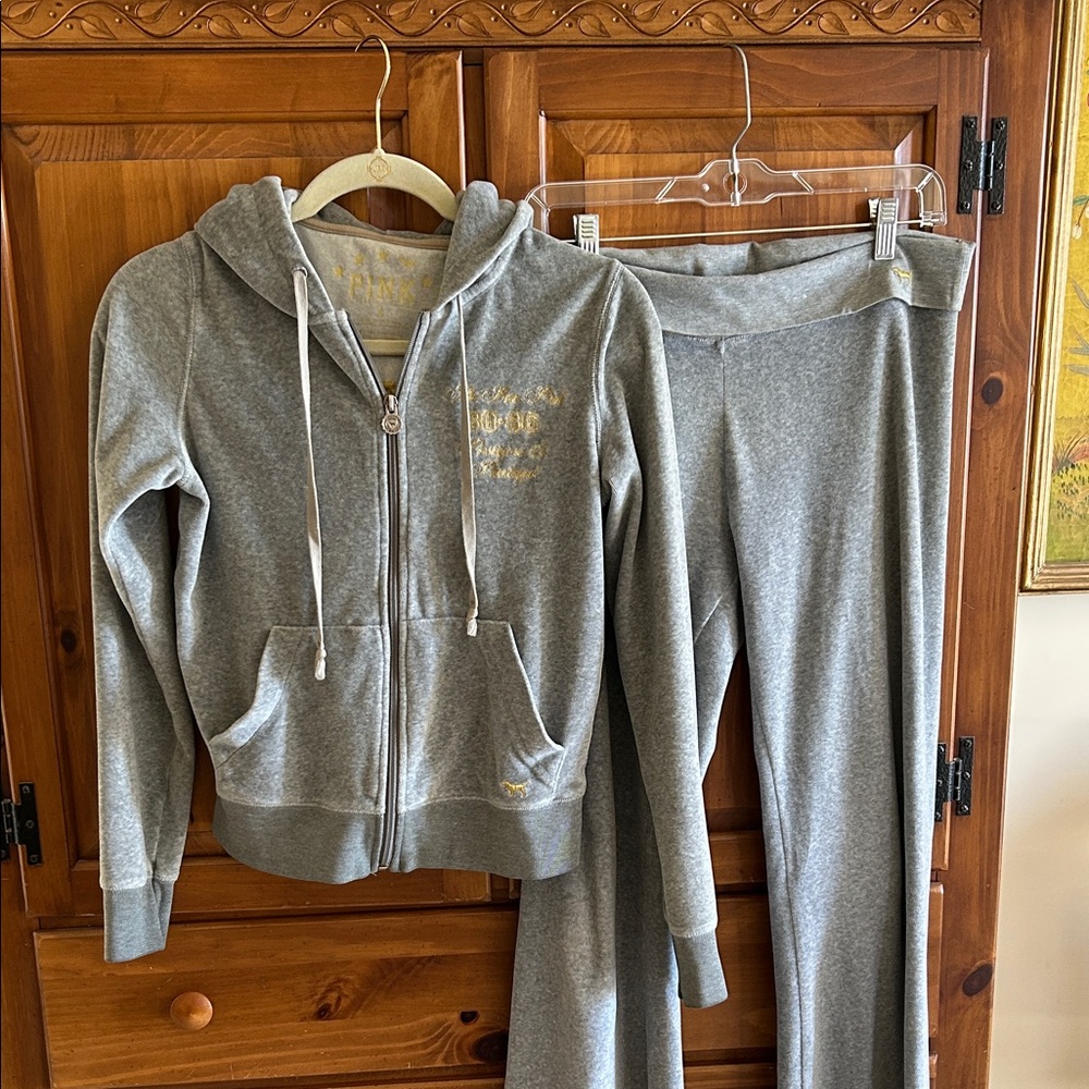 Victoria's Secret Gray and Gold Hoodie and Pants Set